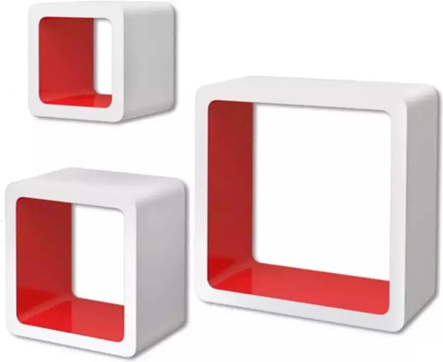 VIDAXL Wandplanken kubus MDF zwevend voor boeken dvd 3 st wit-rood - Foto 2