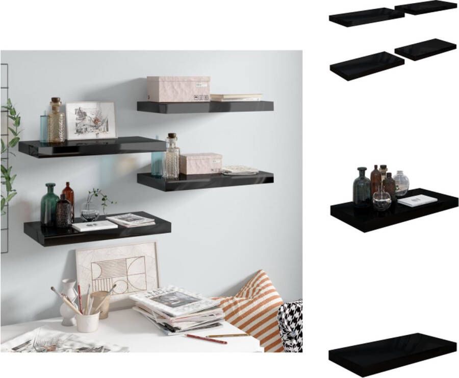 VidaXL Wandplanken Set van 4 50 x 23 x 3.8 cm Hoogglans zwart Honingraat MDF en metaal Wandsteun