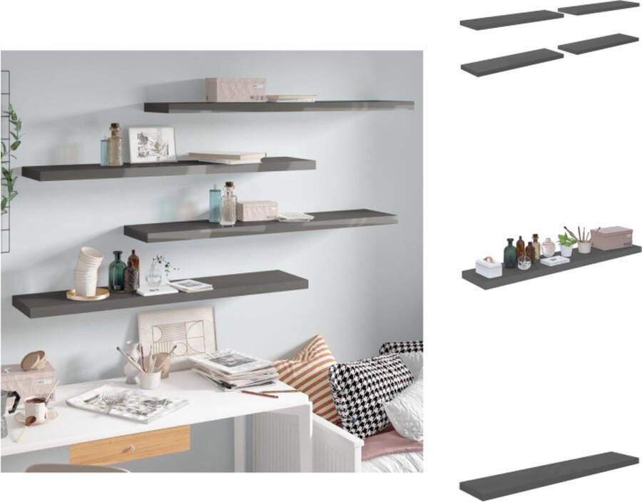 VidaXL Wandplanken Set van 4 Hoogglans Grijs 120 x 23.5 x 3.8 cm Honingraat MDF Metaal Wandsteun