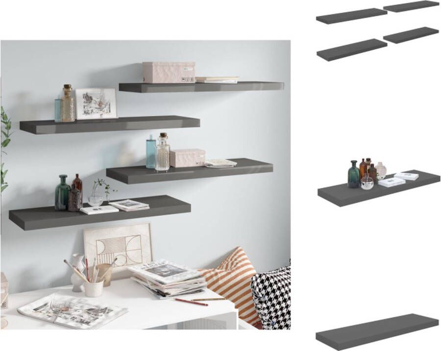 VidaXL Wandplanken Set van 4 Hoogglans Grijs Honingraat MDF en Metaal 80 x 23.5 x 3.8 cm Wandsteun
