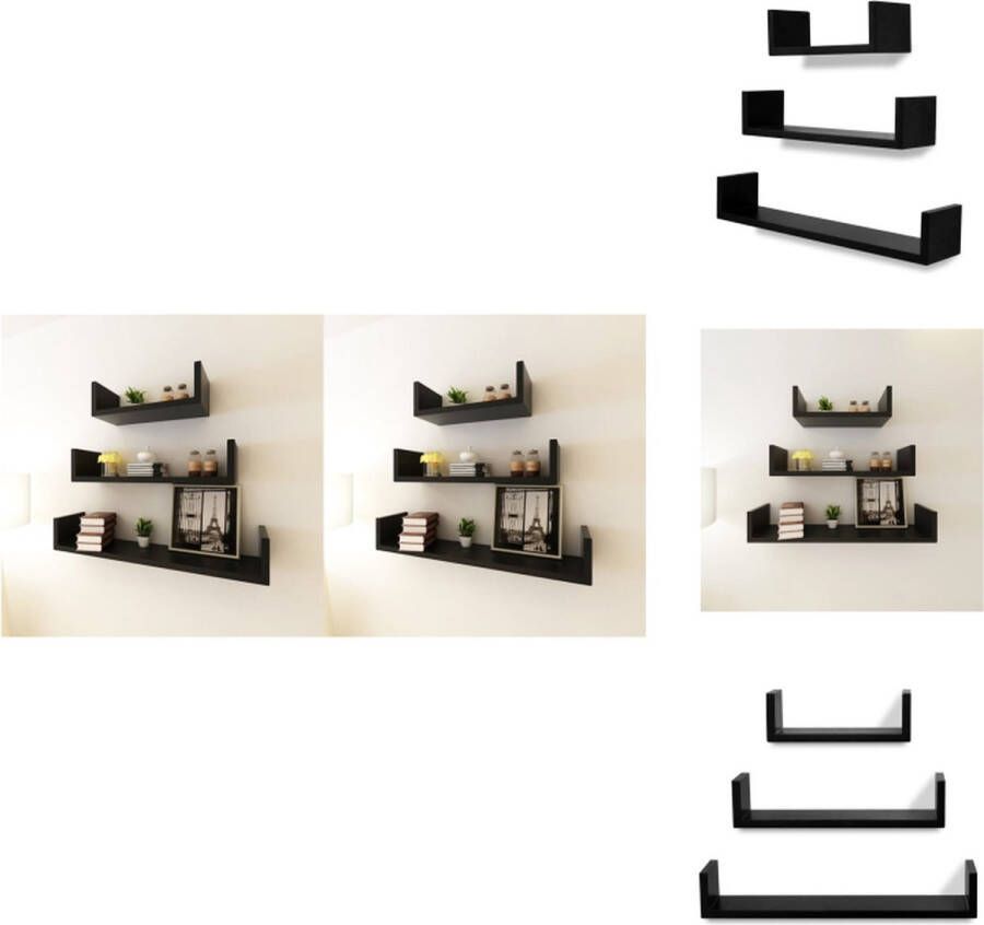 VidaXL Wandplanken Set van 6 Onzichtbaar montagesysteem MDF Mat zwart Afm 60x12x10cm 45x12x10cm 30x12x10cm Wandsteun