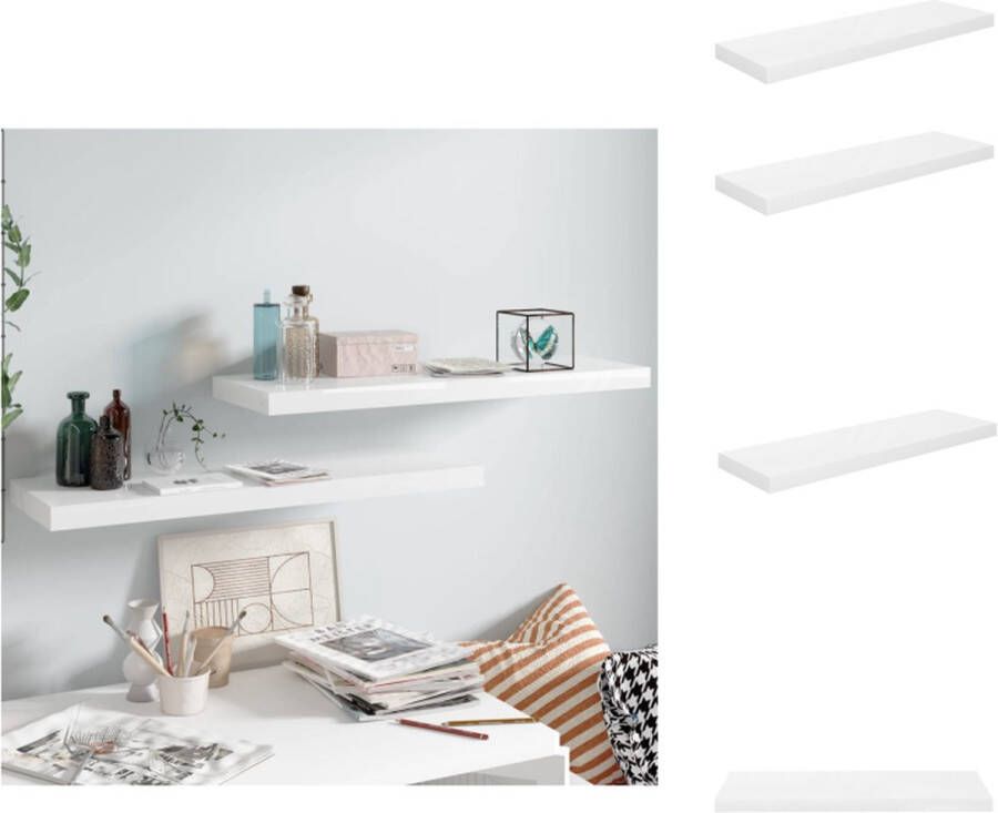 VidaXL Wandplanken Stijlvol Set van 2 Afmetingen- 80 x 23.5 x 3.8 cm Kleur- Hoogglans wit Materiaal- Honingraat MDF en metaal Wandsteun