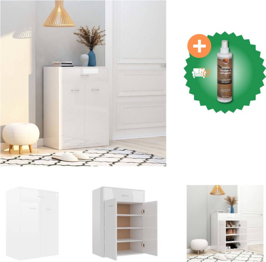 VidaXL Wandrek 60 x 35 x 84 cm Hoogglans Wit Met 1 lade en 2 deuren Bewerkt Hout Schoenenkast Inclusief Houtreiniger en verfrisser