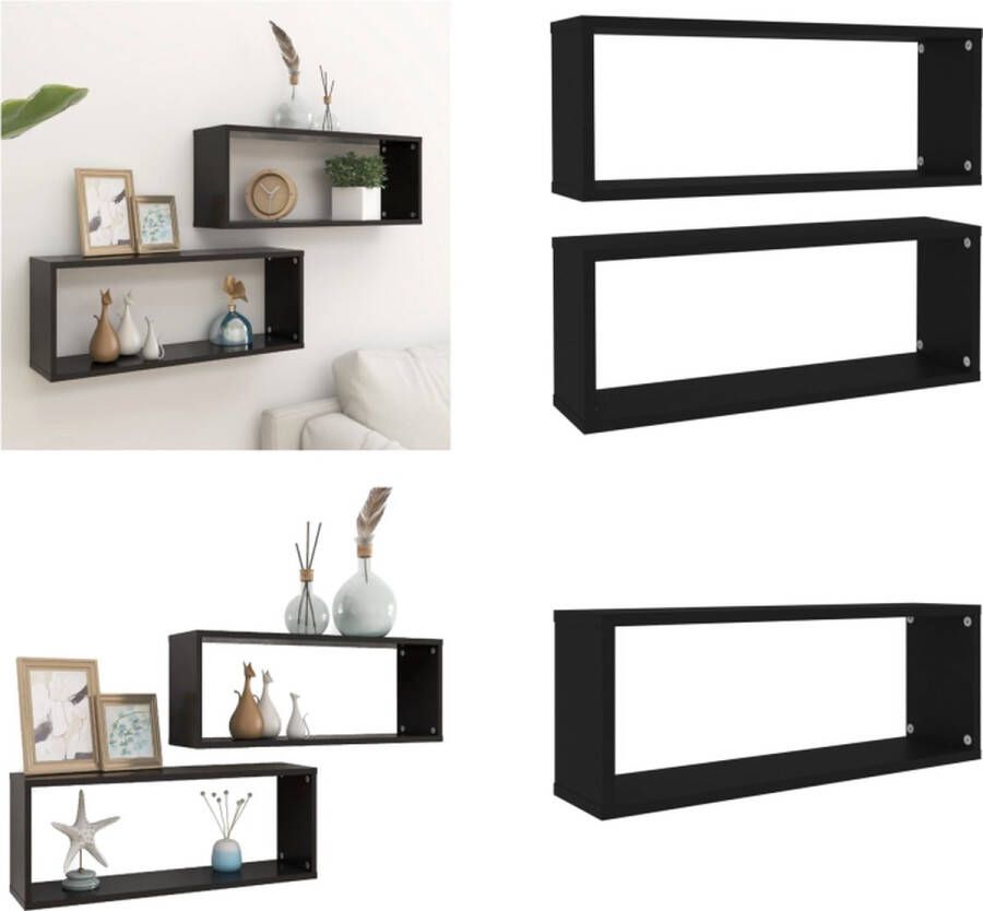 VidaXL Wandschappen kubus 2 st 60x15x23 cm bewerkt hout zwart Wandschap Wandschappen Wandplank Wandplanken