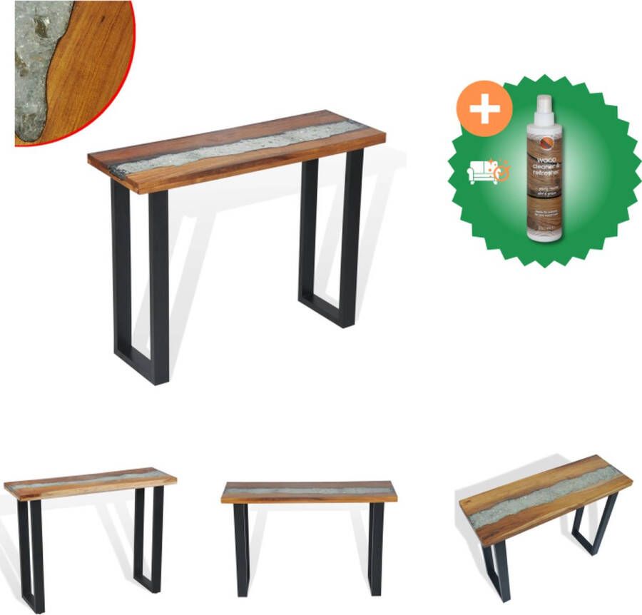 VidaXL Wandtafel Tafel 100 x 35 x 75 cm Teakhout met glas en hars inleg Tafel Inclusief Houtreiniger en verfrisser