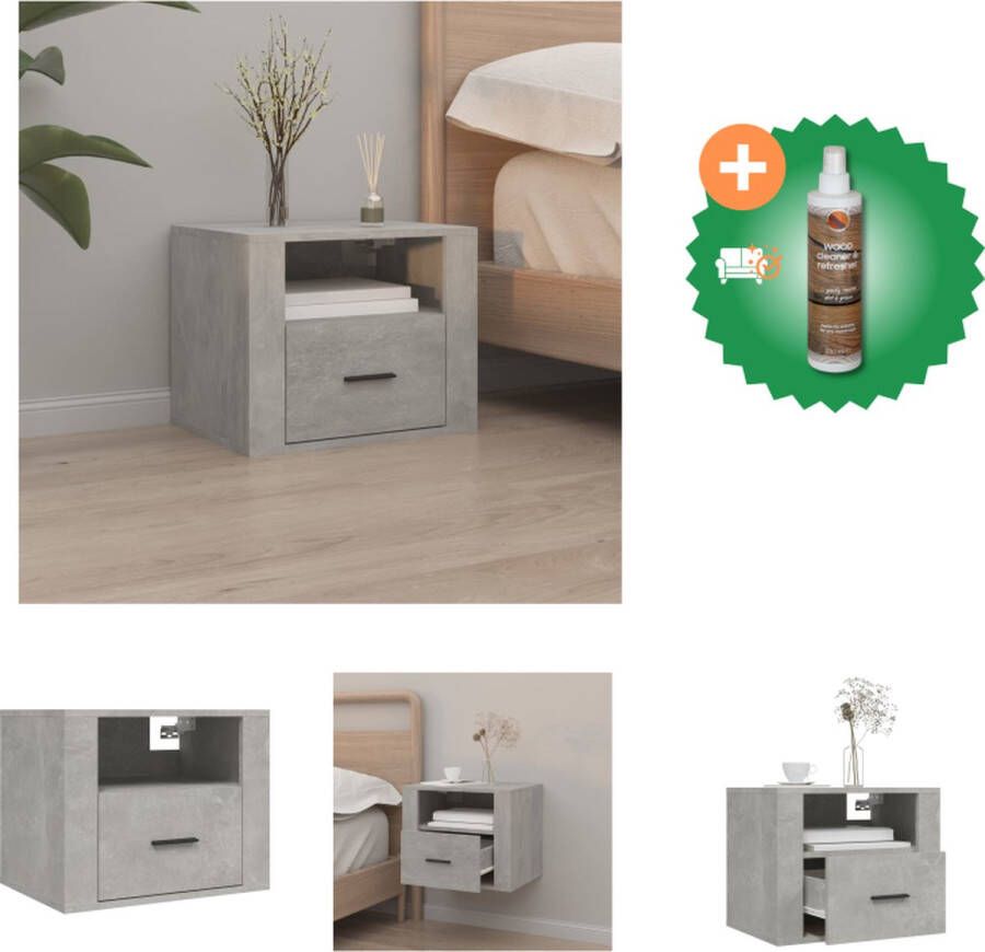 VidaXL Zwevend Nachtkastje Betongrijs 50 x 36 x 40 cm Wandgemonteerd Kast Inclusief Houtreiniger en verfrisser