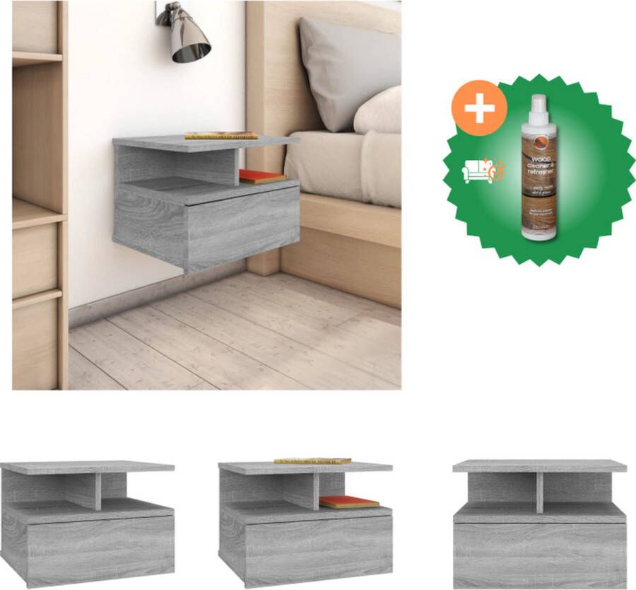 VidaXL zwevend nachtkastje grijs sonoma eiken 40 x 31 x 27 cm met lade en open vakken wandmontage Kast Inclusief Houtreiniger en verfrisser