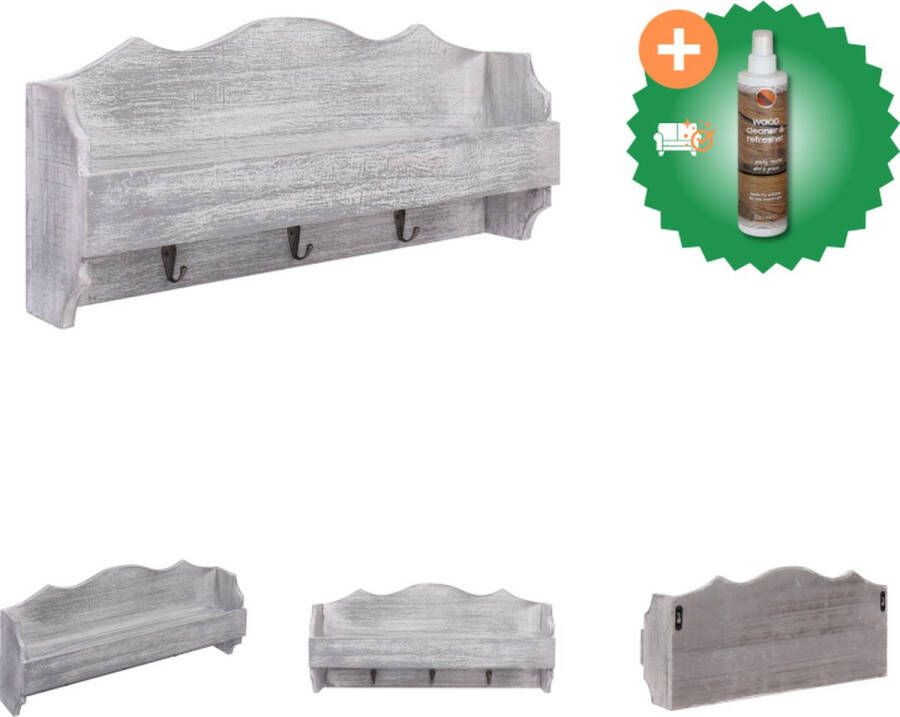 VidaXL Zwevende Houten Wandkapstok 50 x 10 x 23 cm Grijs Paulowniahout Met 1 schap en 3 haken Kapstok Inclusief Houtreiniger en verfrisser