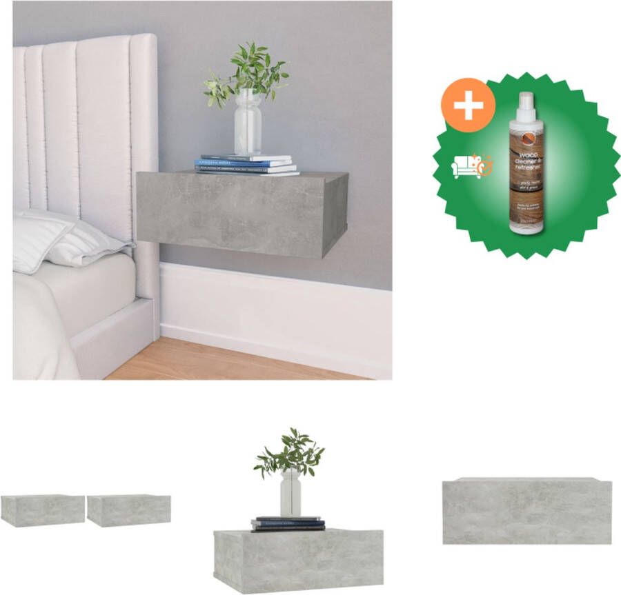 VidaXL Zwevende nachtkastjes Betongrijs 40 x 30 x 15 cm Spaanplaat Met lade Wandmontage Set van 2 Kast Inclusief Houtreiniger en verfrisser