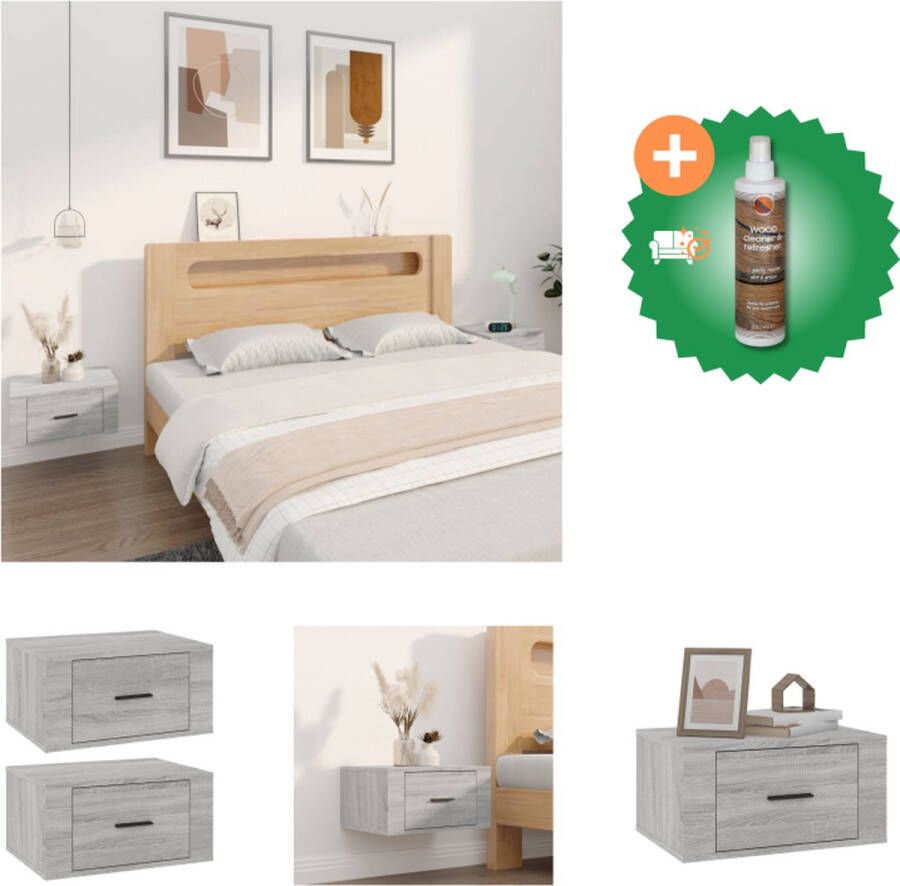 VidaXL Zwevende Wandnachtkastjes Grijs Sonoma Eiken Set van 2 Bewerkt Hout 50 x 36 x 25 cm Kast Inclusief Houtreiniger en verfrisser