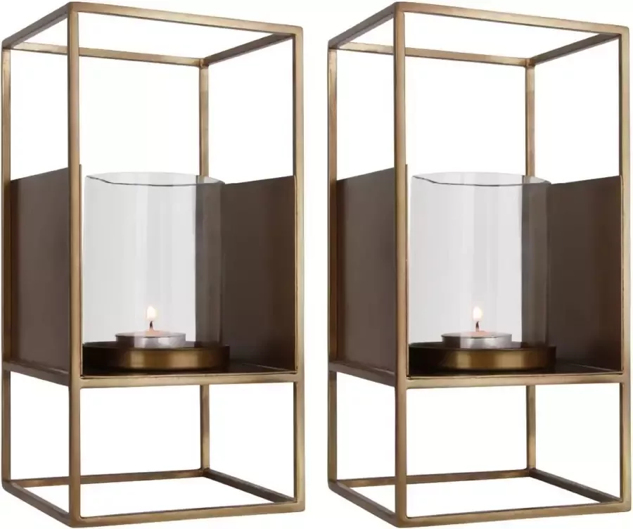 VIDI Home 2 stuks Windlicht Kaarshouder Theelichthouder Waxinelichthouder Tafel decoratie Goud Handgemaakt