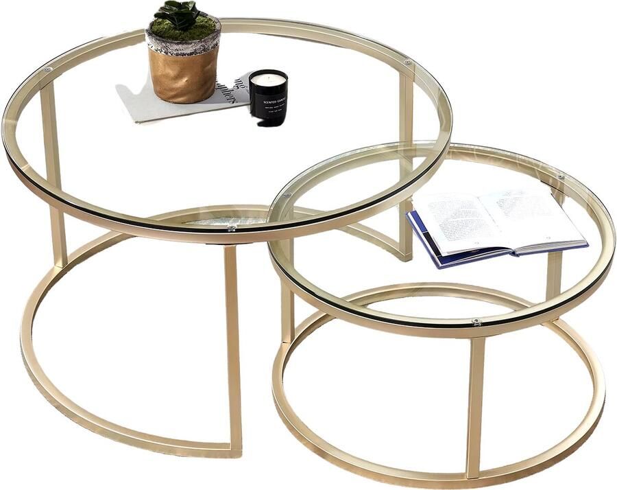 Vigos HomeNest Salontafel Doorzichtig Salontafel Rond Bijzettafel Set van 2 Ø70 & Ø45cm Doorzichtig