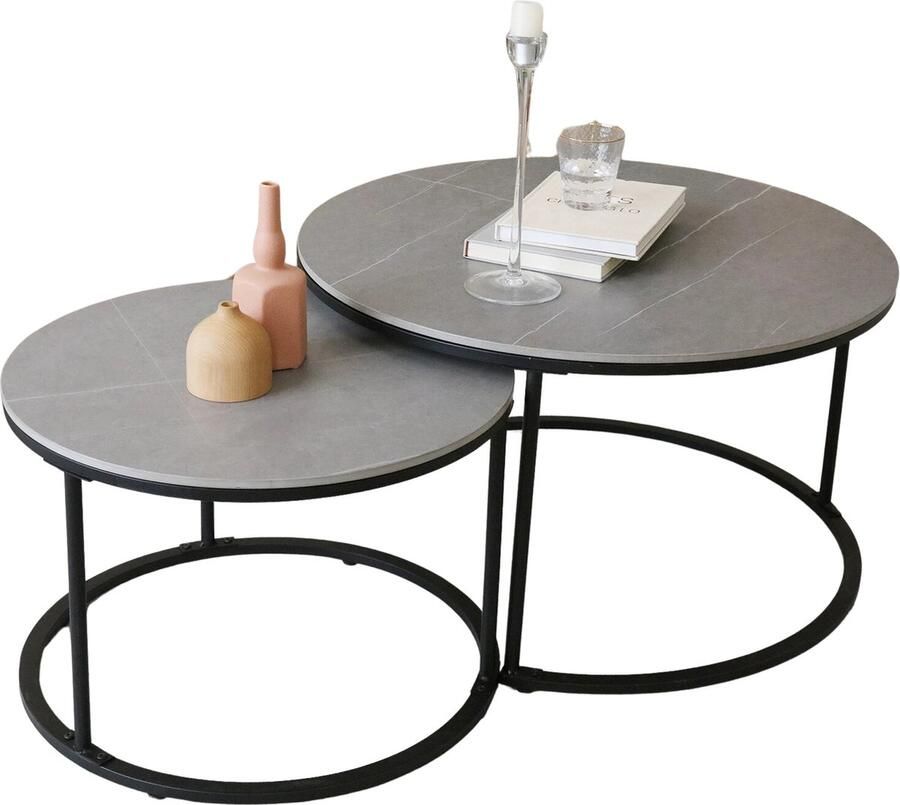 Vigos HomeNest Salontafel Marmer Salontafel Rond Bijzettafel Rond Set van 2 Bijzettafels Ø80 & Ø60cm Gesinterd Grijs Marmer XL