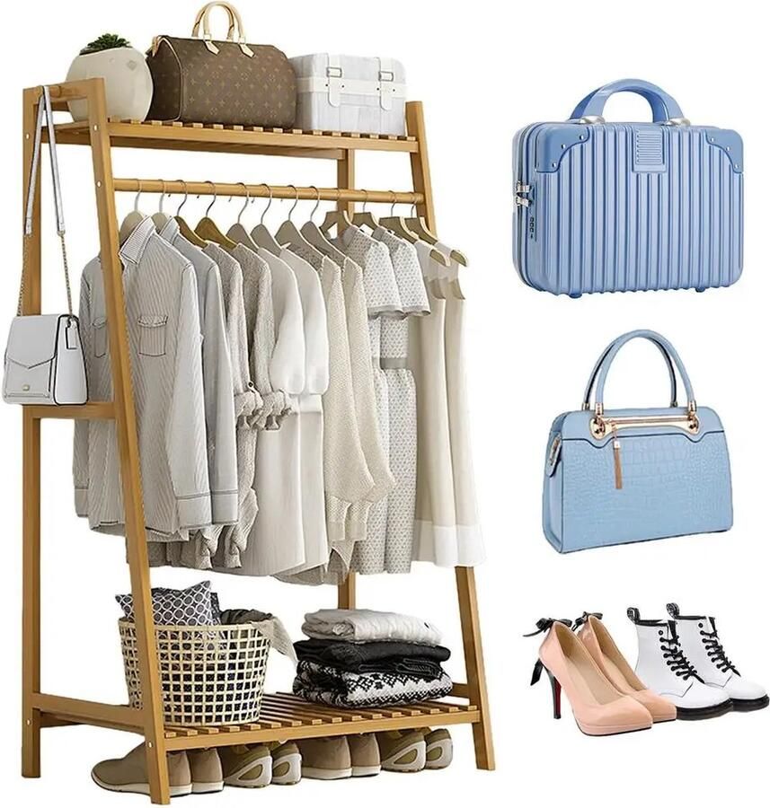 Vigos Kledingrek Bamboe Kledingrek met Planken Garderoberek Kledingkast Kledingstandaard Kledinghouder Kapstok met kledingstang Bamboe