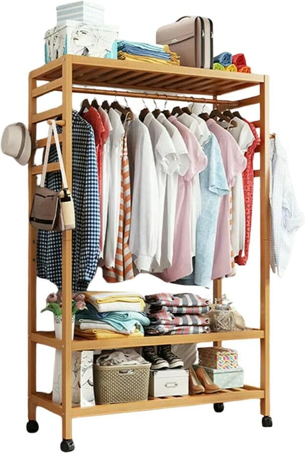 Vigos Kledingrek Bamboe Kledingrek op Wieltjes met Planken Garderoberek Kledingkast Kledingstandaard Kledinghouder Kapstok met kledingstang Bamboe