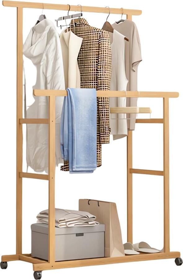 Vigos Kledingrek op wieltjes Kledingrek 103 5 x 40 x 160 cm Kleding rek Kledingrek hout Industrieel Vintage Bruin