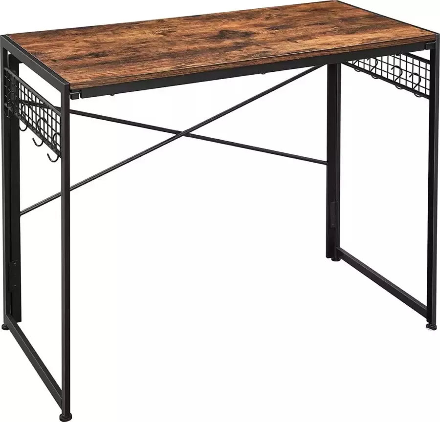 Viking Choice Computertafel vintage bruin-zwart opklapbaar bureau met 8 haken