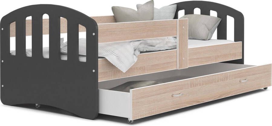 Viking Choice Kinderbed Houten bed 180x80cm| met lattenbodem met uitschuiflade grijs hout met matras