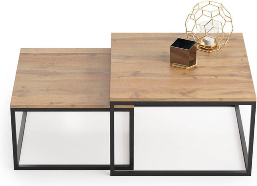 Viking Choice Salontafel duo bijzettafels 70x70x42 cm & 60x60x36 cm eiken zwart