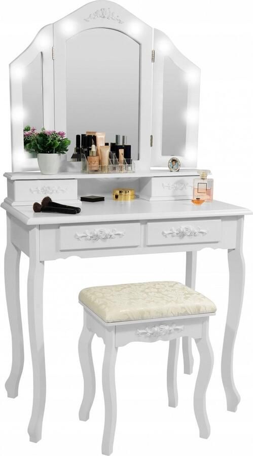 Viking Choice Houten kaptafel wit met LED-verlichte spiegel en krukje 75x40x140 cm Retro & Vintage stijl