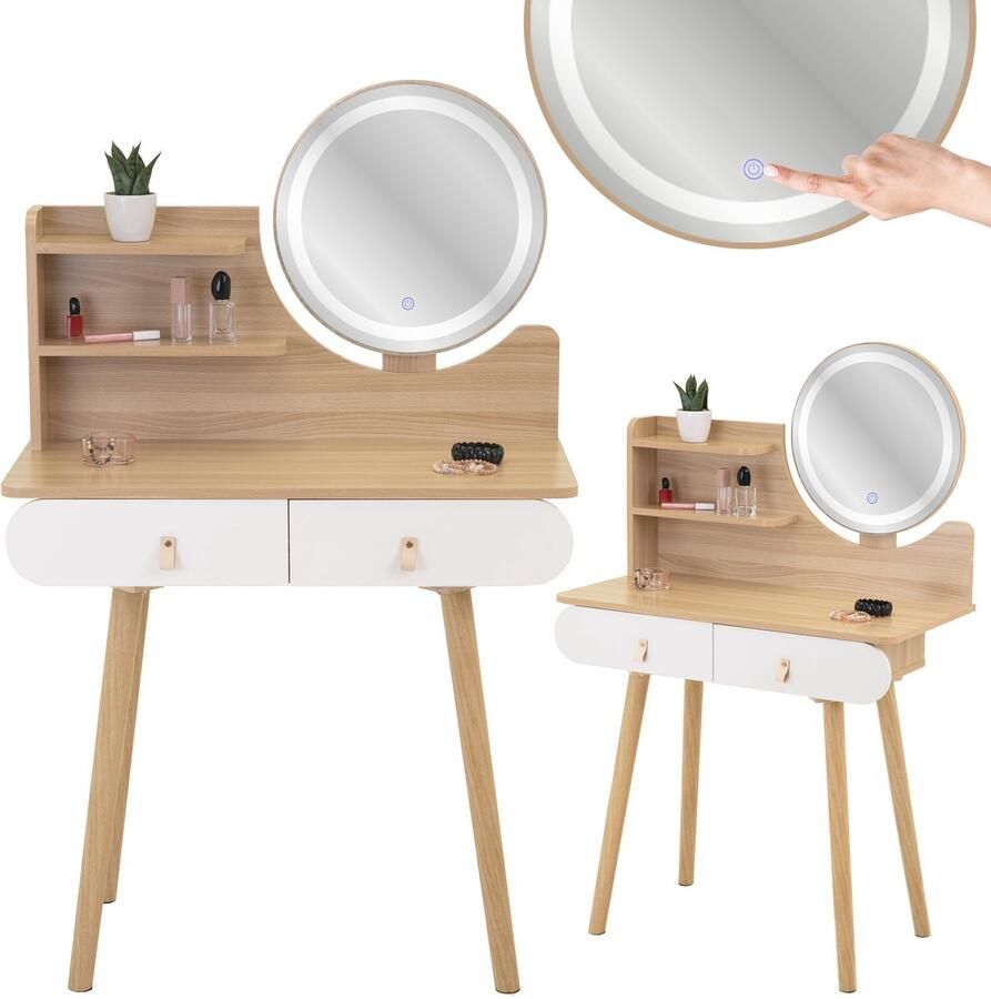 Viking Choice Kaptafel hout & wit met LED spiegel en 2 lades – MDF & beukenhout – 120x80x40 cm