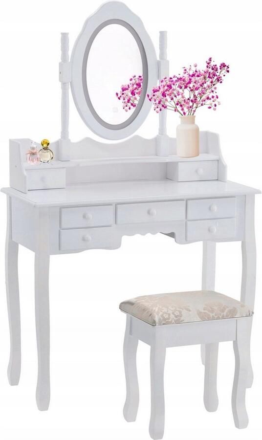 Viking Choice Kaptafel met LED-spiegel en kruk Wit Vintage design 90x40x146 cm MDF