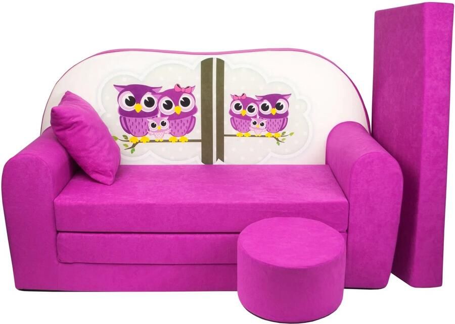 Viking Choice Slaapbank voor kinderen met poef 170x100x8 cm roze uiltjes