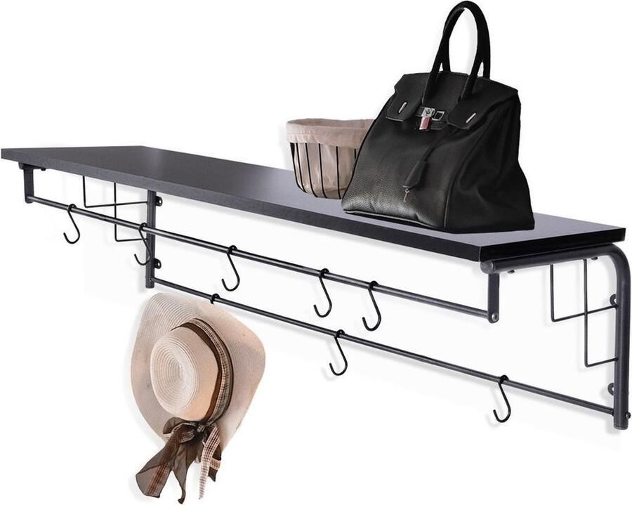 Vilde Wandkapstok met Plank Zwart Kapstok Hangend Wandgarderobe Kledingrek Garderobe Haken