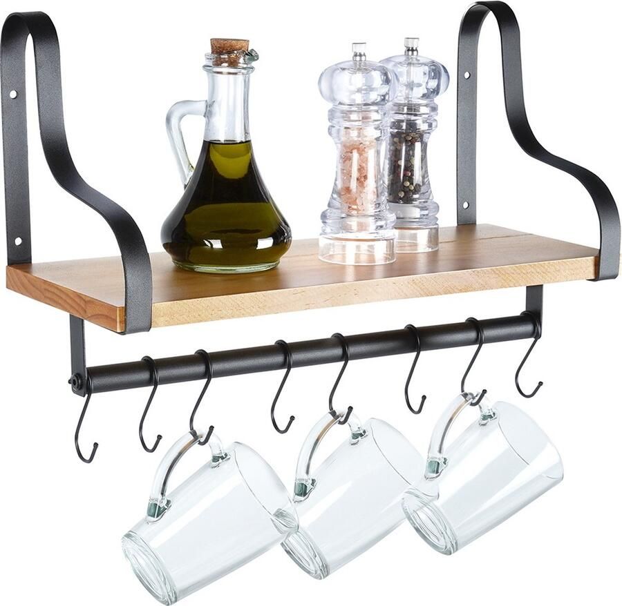 Vilde Wandplank met Rail en Haken Houten 43x18x26 cm Wandrek