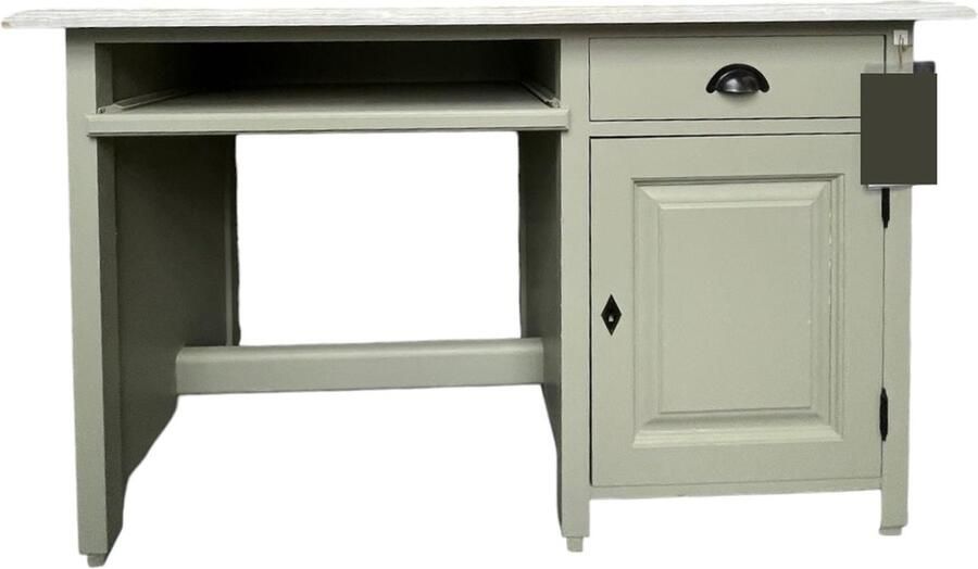 Villa Laura landelijk houten bureau met uitschuifbare plank licht groen met white wash blad 130 cm