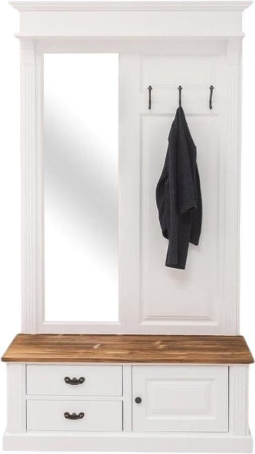 Villa Laura landelijk houten halmeubel kapstok met bankje spiegel opbergruimte en lades wit met warm gebeitste plank 121 cm