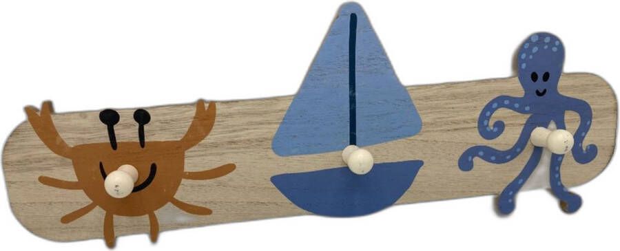 Villa Volance Kinder Kapstok Hout Oceaan 40 x 16 x 5 cm met 3 haken