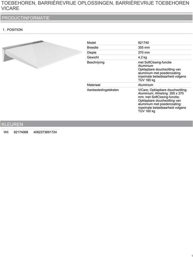 Villeroy & Boch ViCare Universal douchezitje L:400xB:355mm 921740 92174068