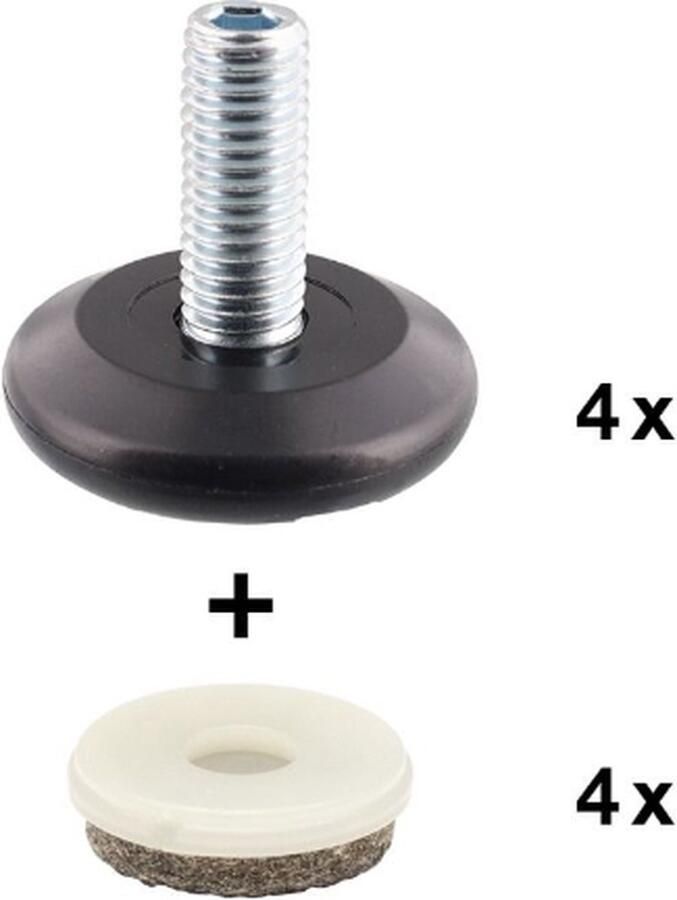 Viltdop.com Stelvoet M10 inclusief vilten insert 3 (28mm) per 4 stuks verpakt. Deze stelvoet helpt bij het nivelleren van een tafel bank of kast. Vaste uitvoering