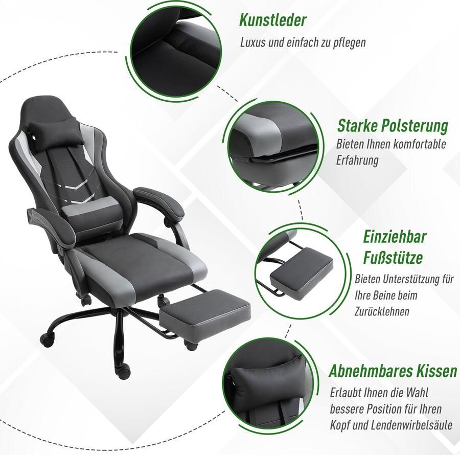 Vinscetto Vinsetto Ergonomische gaming stoel kantoorstoel met voetsteunen zwart 921-279