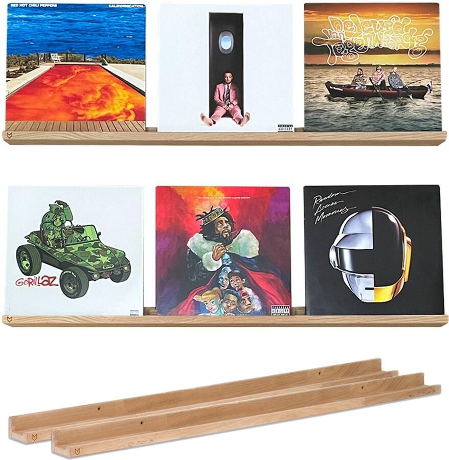 VinylCrafts Dubbele LP Wandplank Eiken wandplank 2x 99 cm LPs aan de muur LP opbergsysteem aan de muur Zeer geschikt voor foto's