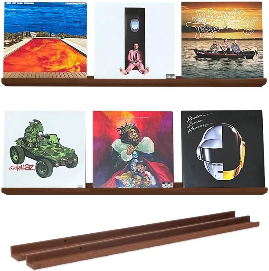 VinylCrafts Dubbele LP Wandplank Walnoten wandplank 2x 99 cm LPs aan de muur LP opbergsysteem aan de muur Zeer geschikt voor foto's