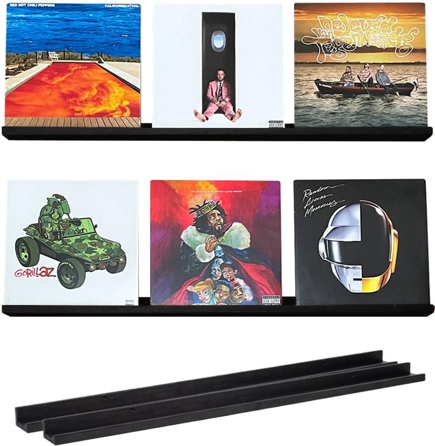 VinylCrafts Dubbele LP Wandplank Zwarte wandplank 2x 99 cm LPs aan de muur LP opbergsysteem aan de muur Zeer geschikt voor foto's