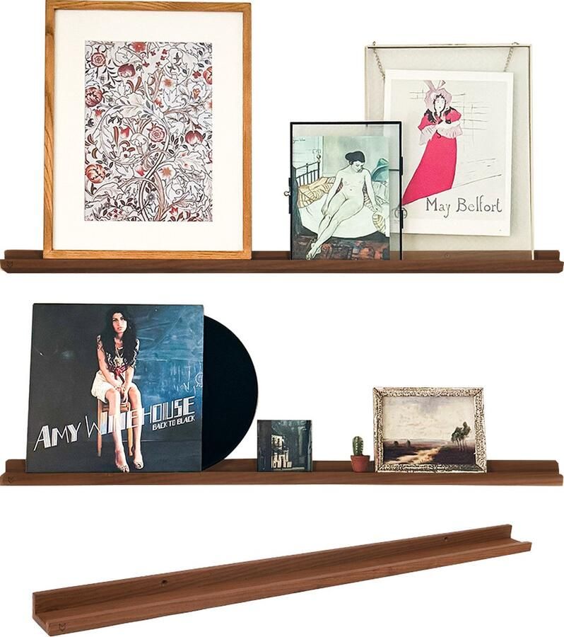 VinylCrafts Wandplank 100 cm lang Wandplank zwevend Wandplank hout Fotoplank Walnoten wandplank Met opzetrand FSC Europees hout Handgemaakt in Nederland