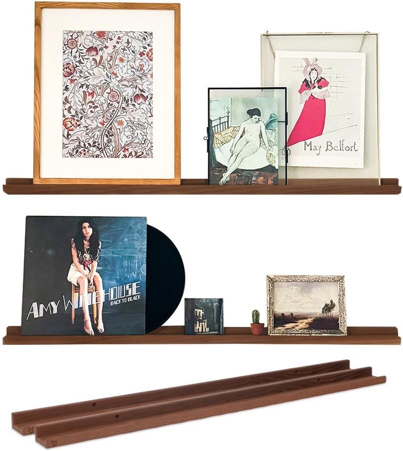 VinylCrafts Walnoot wandplanken set 2 stuks 99 cm Wandplank zwevend (2x) Wandplank hout Fotoplank Donker hout Met opzetrand FSC Europees hout Handgemaakt in Nederland