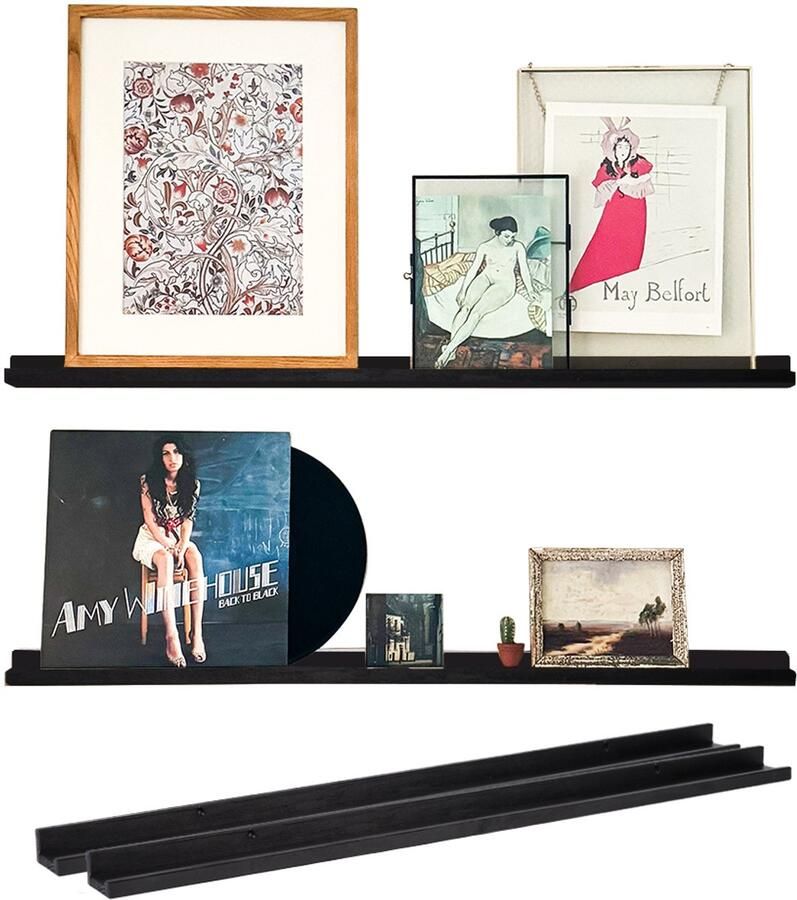 VinylCrafts Zwarte wandplanken set 2 stuks 99 cm Wandplank zwevend (2x) Wandplank hout Fotoplank Zwart gelakt Met opzetrand FSC Europees hout Handgemaakt in Nederland