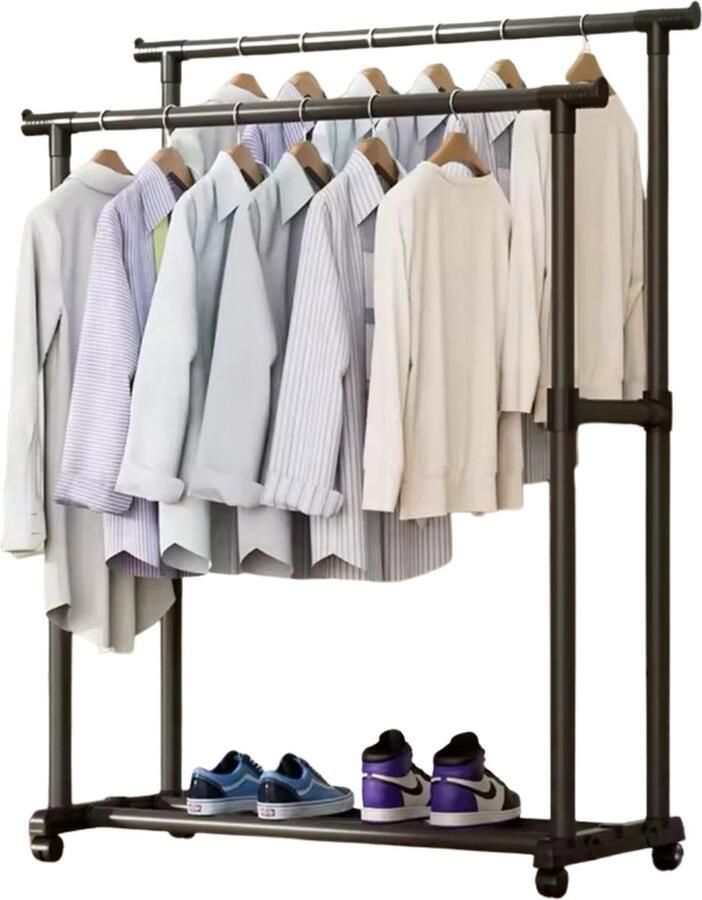 VIONNA Kledingrek Garderoberek Metaal 78x42x150 CM Dubbel 2 Stang(en) Opbergruimte Voor Schoenen Met Wielen