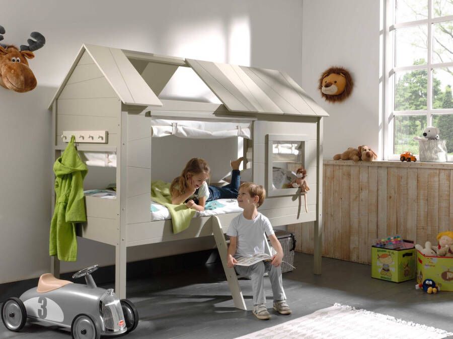 Vipack Bed als boomhut Charlotte met set gordijnen 90 x 200 cm taupe+wit