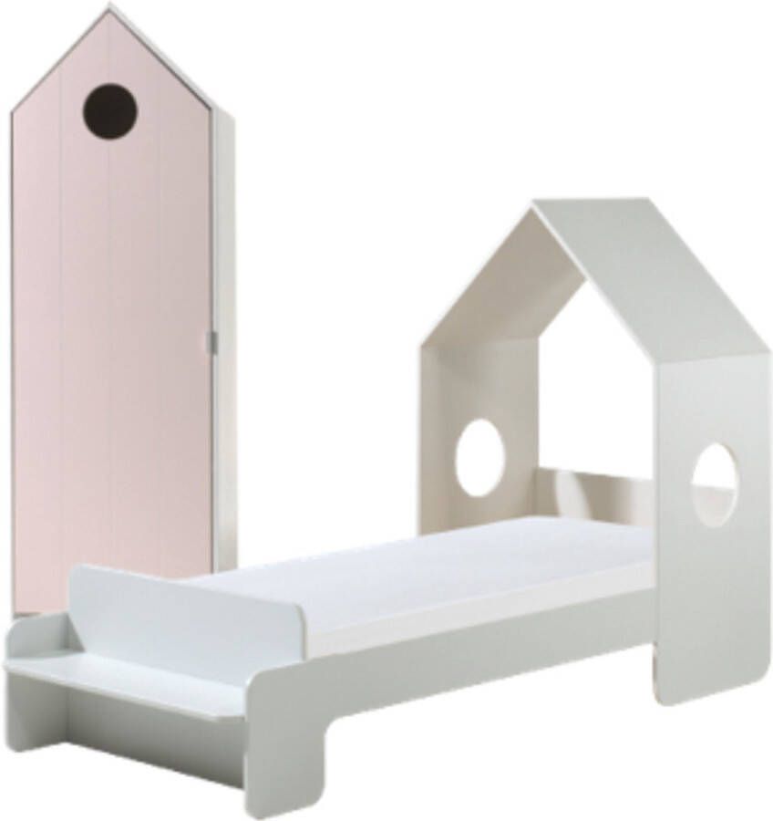Vipack Bed Casami met 1-deurs kast 90 x 140 cm wit+roze