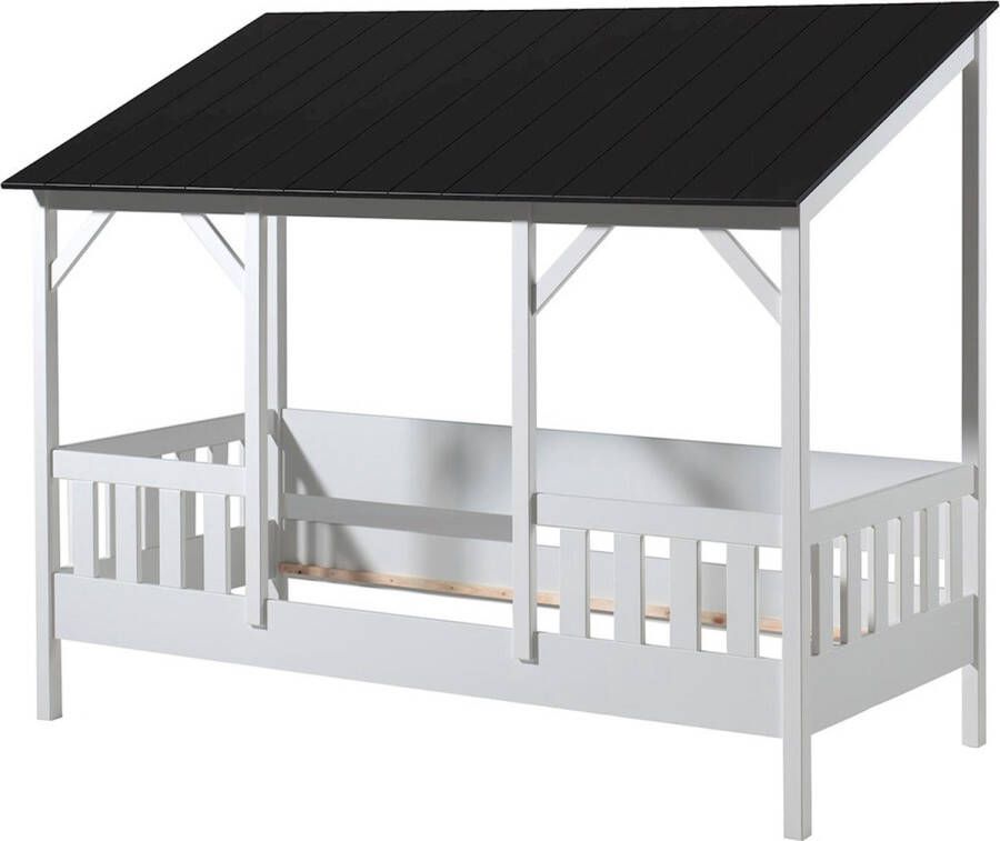 Vipack Bed HuisBed inclusief vensterbanken heel dak en slaaplade 90 x 200 cm wit zwart