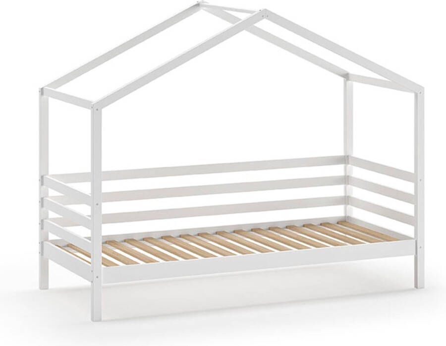 Home affaire Huisbed Massief dennenhout wit gelakt incl. dakconstructie en lattenbodem