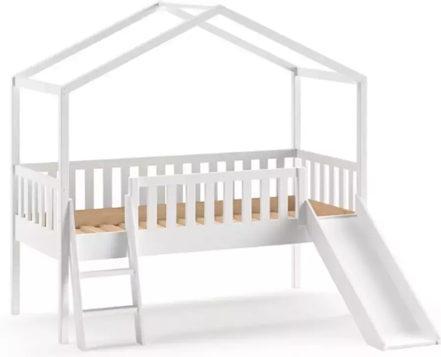 Vipack Kinderbed met Glijbaan Dallas 90x200cm Halfhoogslaper Kajuitbed Bed als Huis Peuterbed Ledikant Bedframe Wit