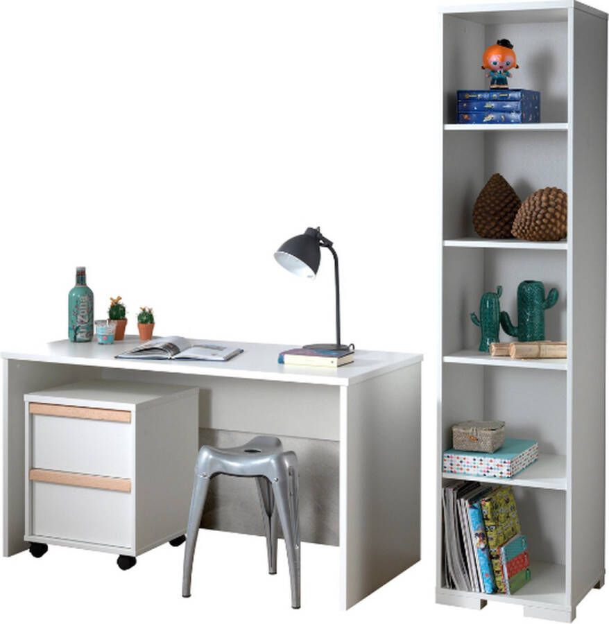 Vipack Combinatie London met bureau rolcontainer en boekenkast-wit beuk