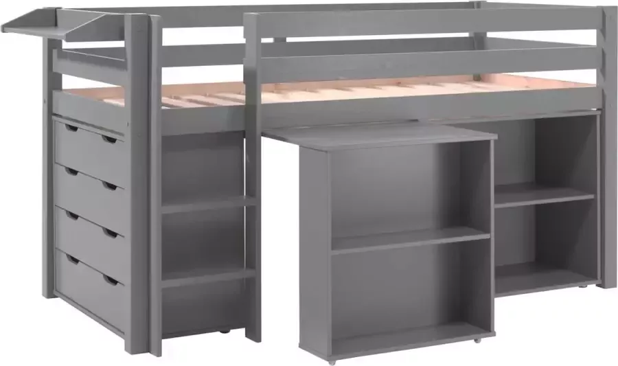 Vipack Halfhoogslaper Charlotte bibliotheek en ladekast 90x200 Grijs