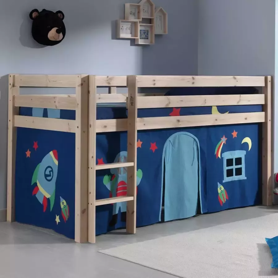 Vipack Hoogslaper PINO Massief hout textieldesign naar keuze met glijbaan en bedtunnel